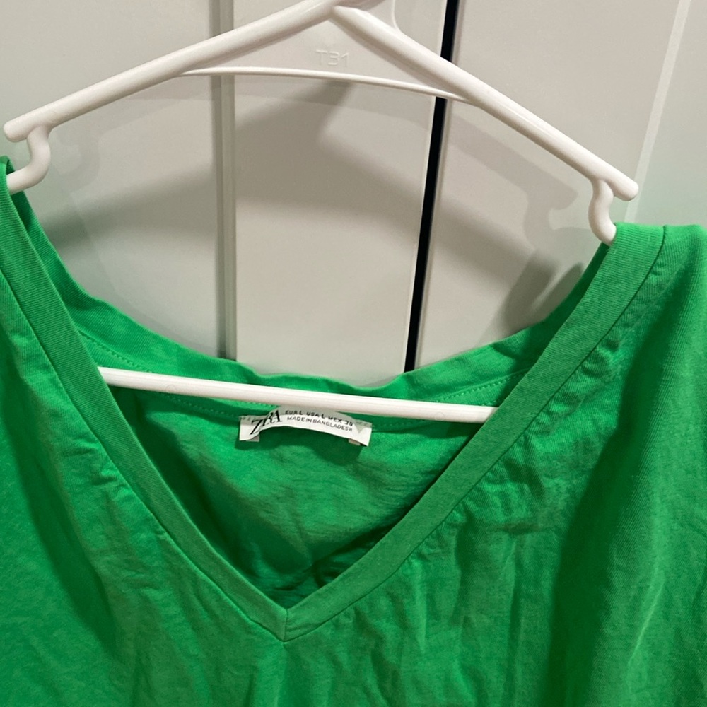 Zara Women’s Green Cropped Cotton V-Neck Short Sleeve Shirt Top - Picture 3 of 8
